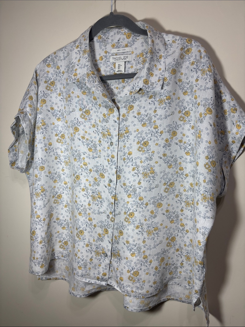 Rachel Zoe Light Blue Floral Short Sleeve Button-Up Blouse with Yellow Accents - Picture 9 of 9